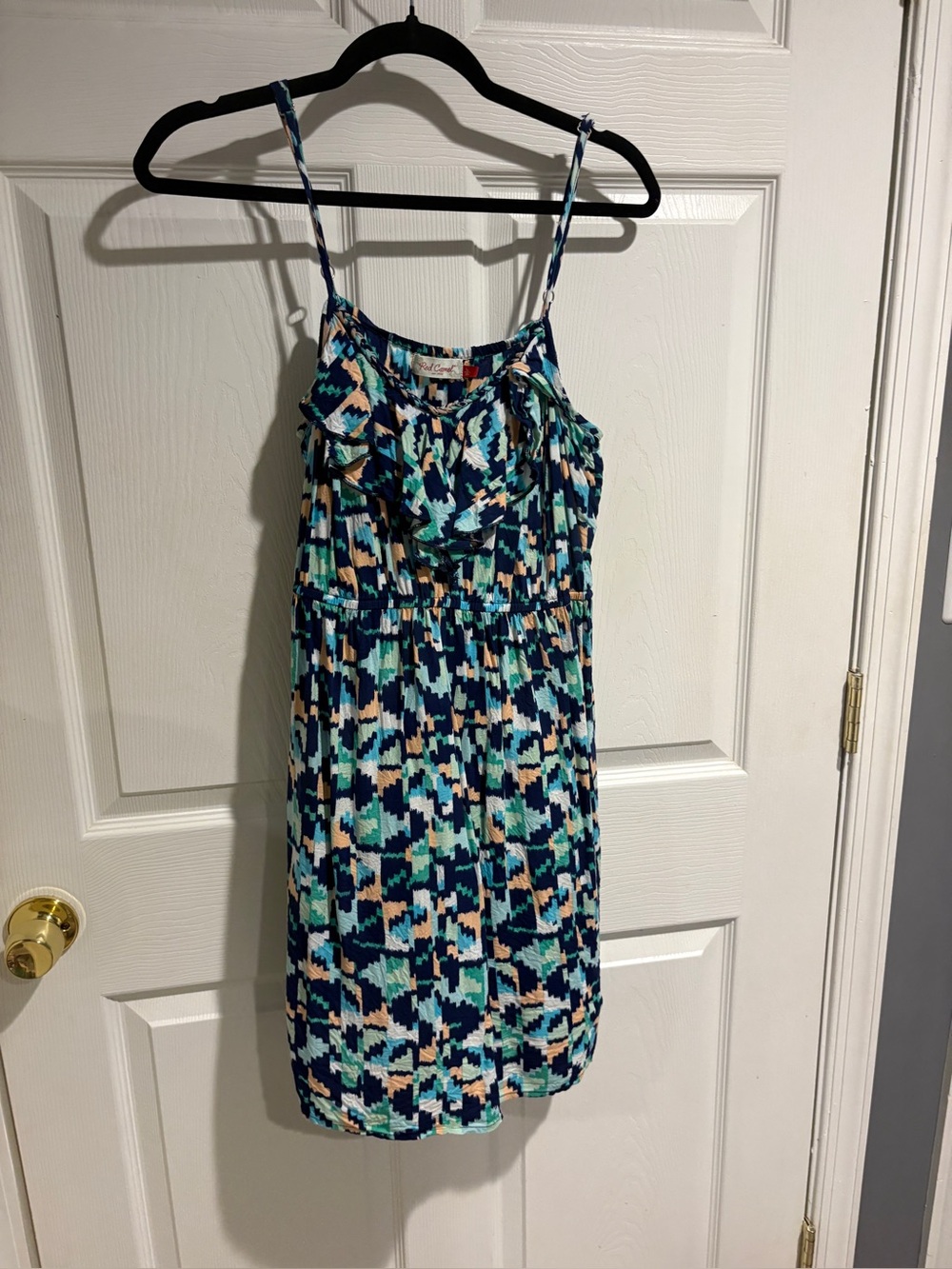Red Camel Teal, Navy & Cream Printed Spaghetti-Strap Mini Dress